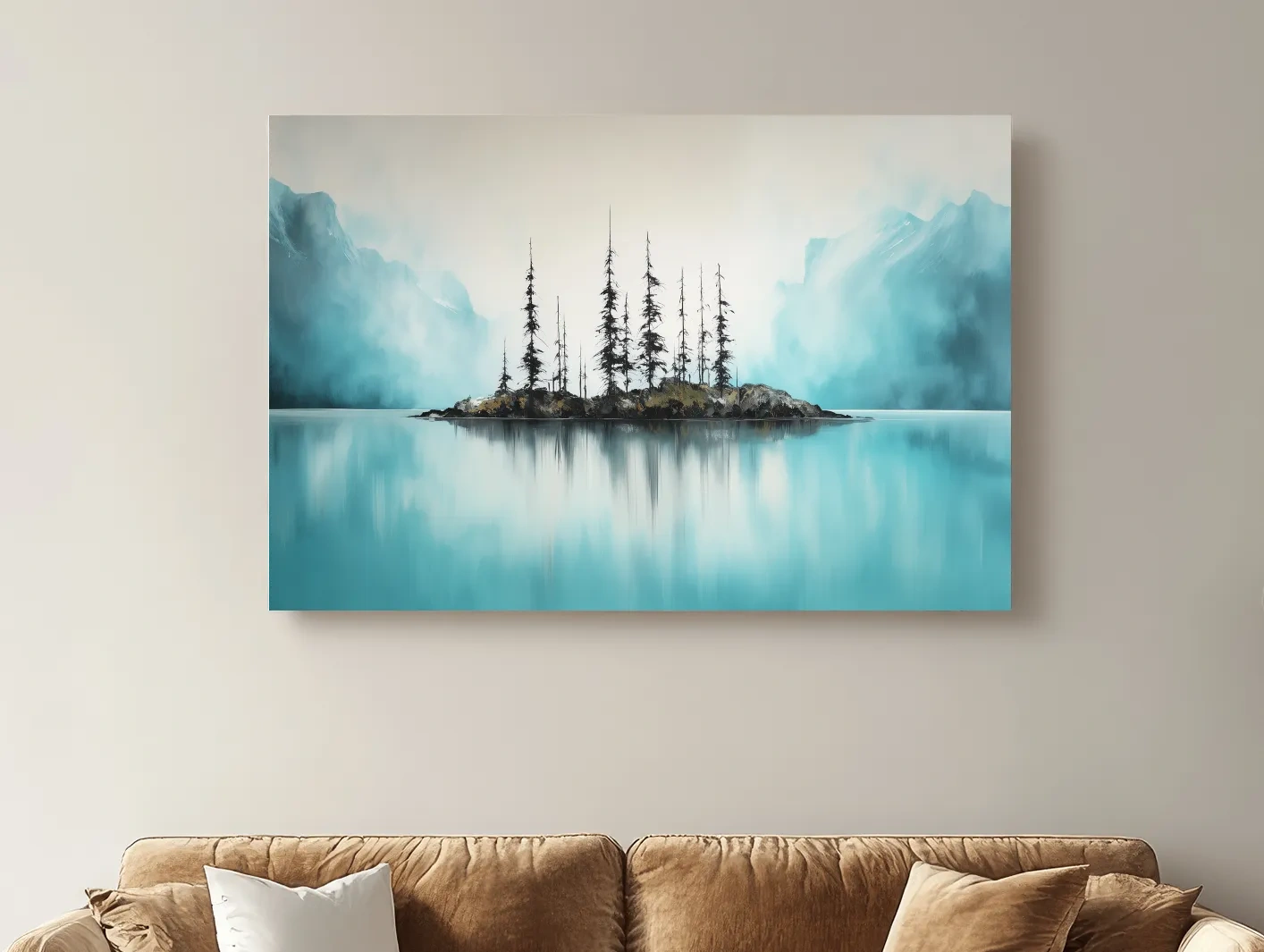 Misty Turquoise Mountain Lake Reflection - Minimalist Watercolor Landscape Wall Art