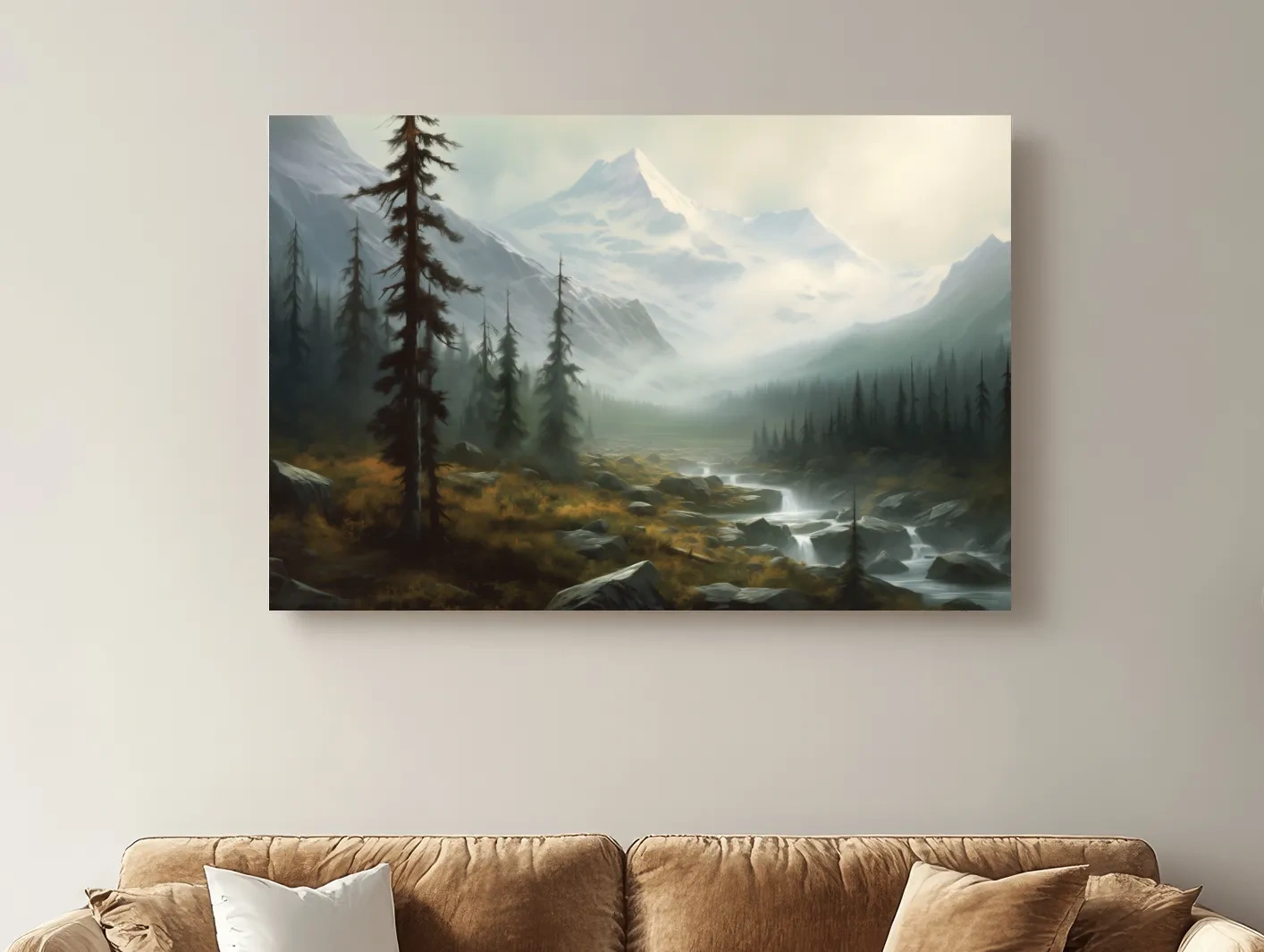 Misty Alpine Mountain Valley Painting - Foggy Evergreen Forest Wall Art