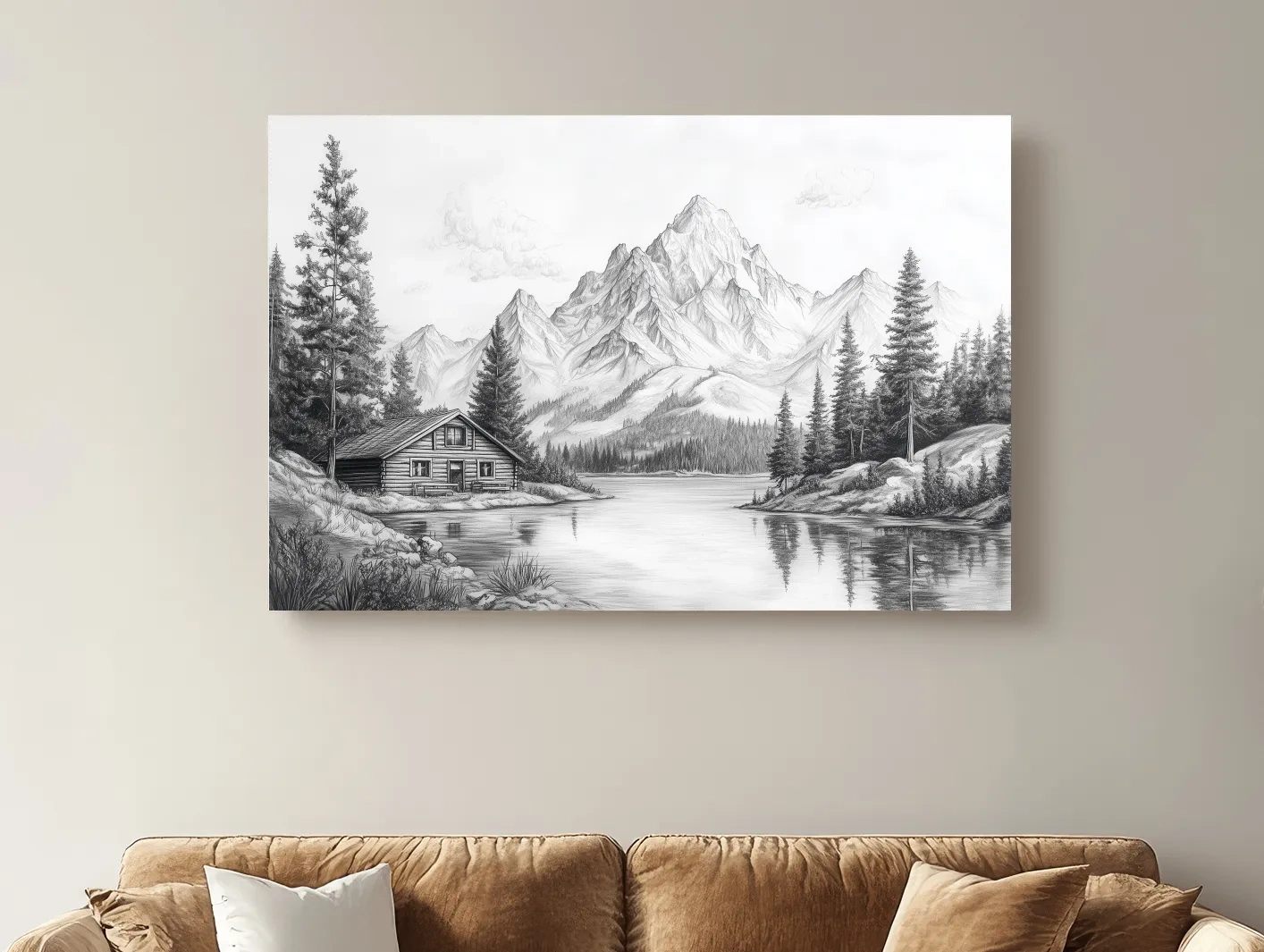 Vintage Pencil Sketch Alpine Lake Cabin - Black And White Mountain Landscape Wall Art