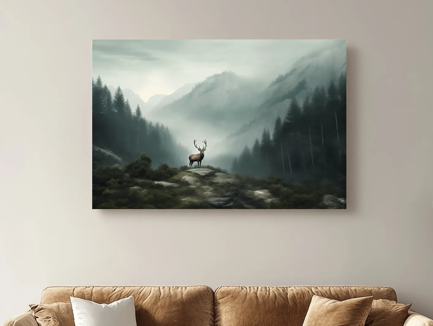 Moody Misty Mountain Deer Landscape - Atmospheric Forest Wildlife Wall Art