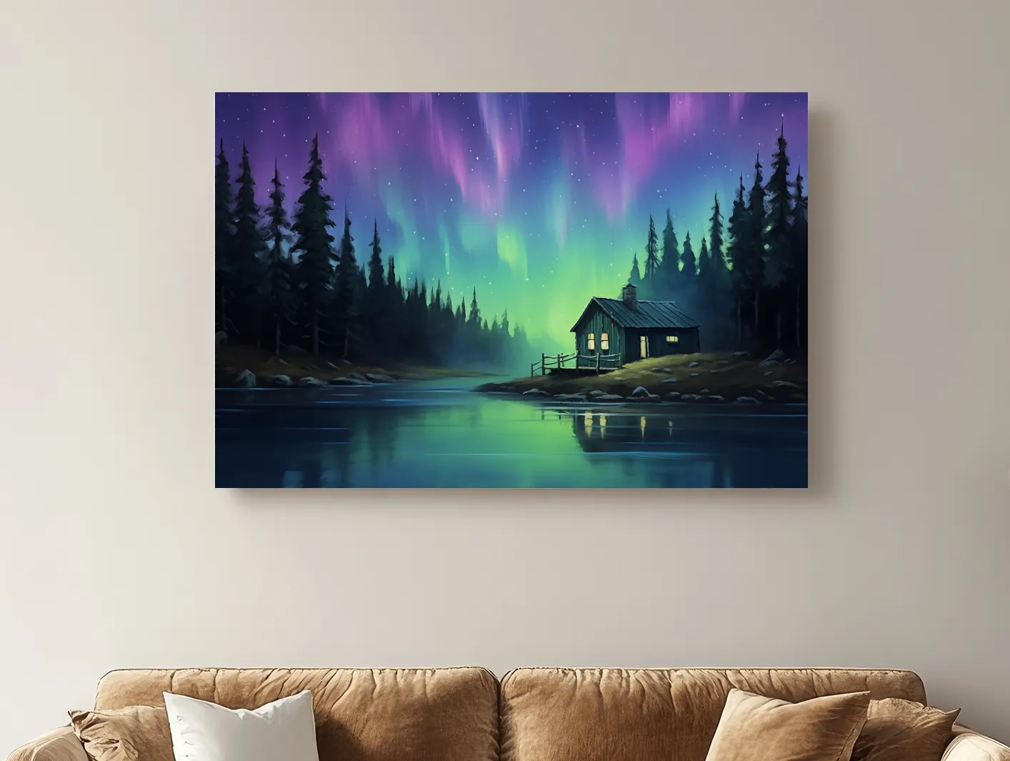 Northern Lights Over Lakeside Cabin Painting - Aurora Borealis Night Wall Art