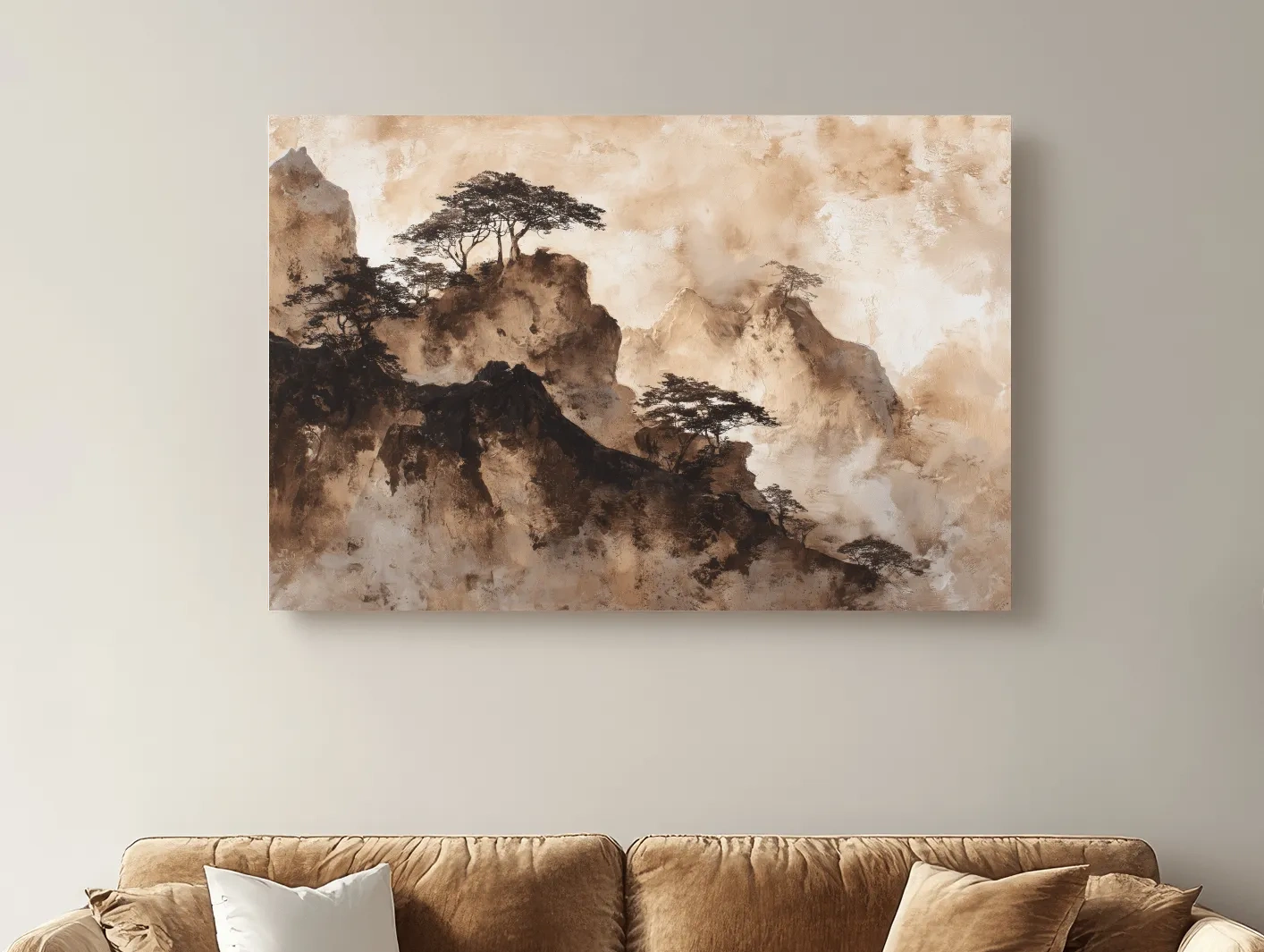 Sepia Japandi Mountain Ridge Painting - Atmospheric Ink Wash Art