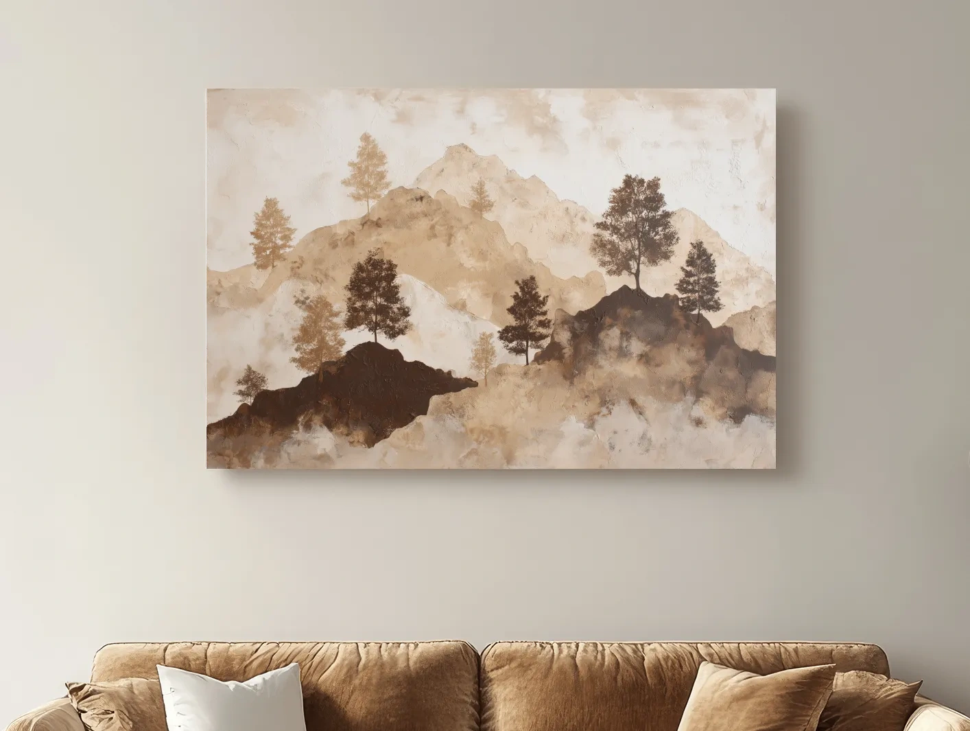 Wabi-Sabi Mountain Tree Silhouettes Painting - Minimalist Landscape Wall Art