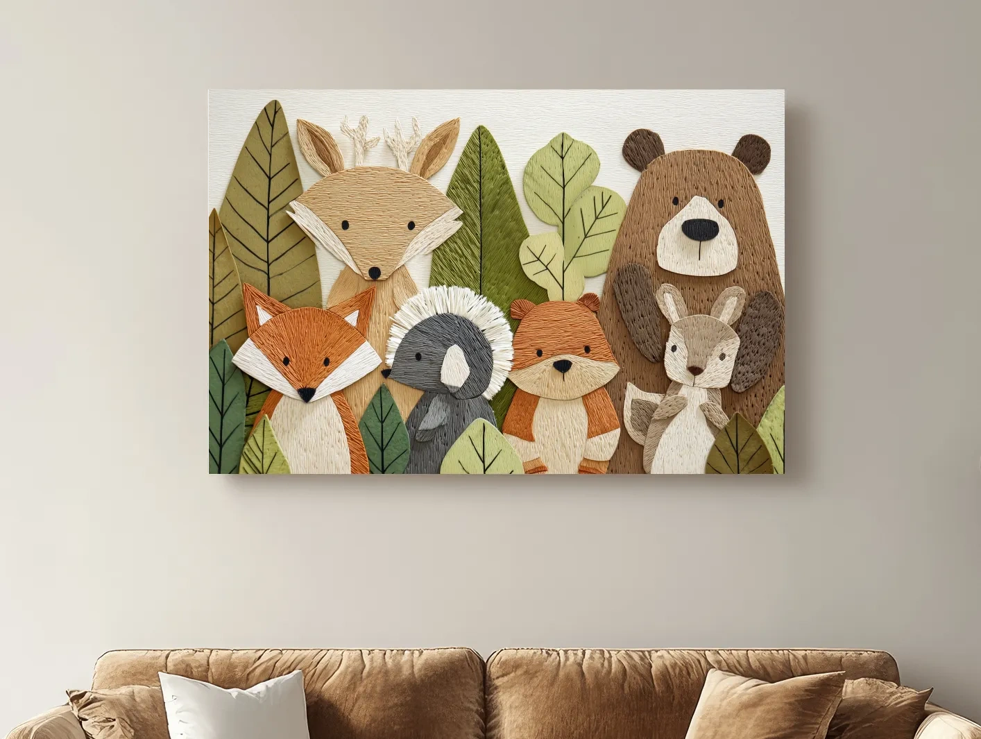 Woodland Animal Nursery Decor - Cute Forest Animals Embroidery Style Wall Art