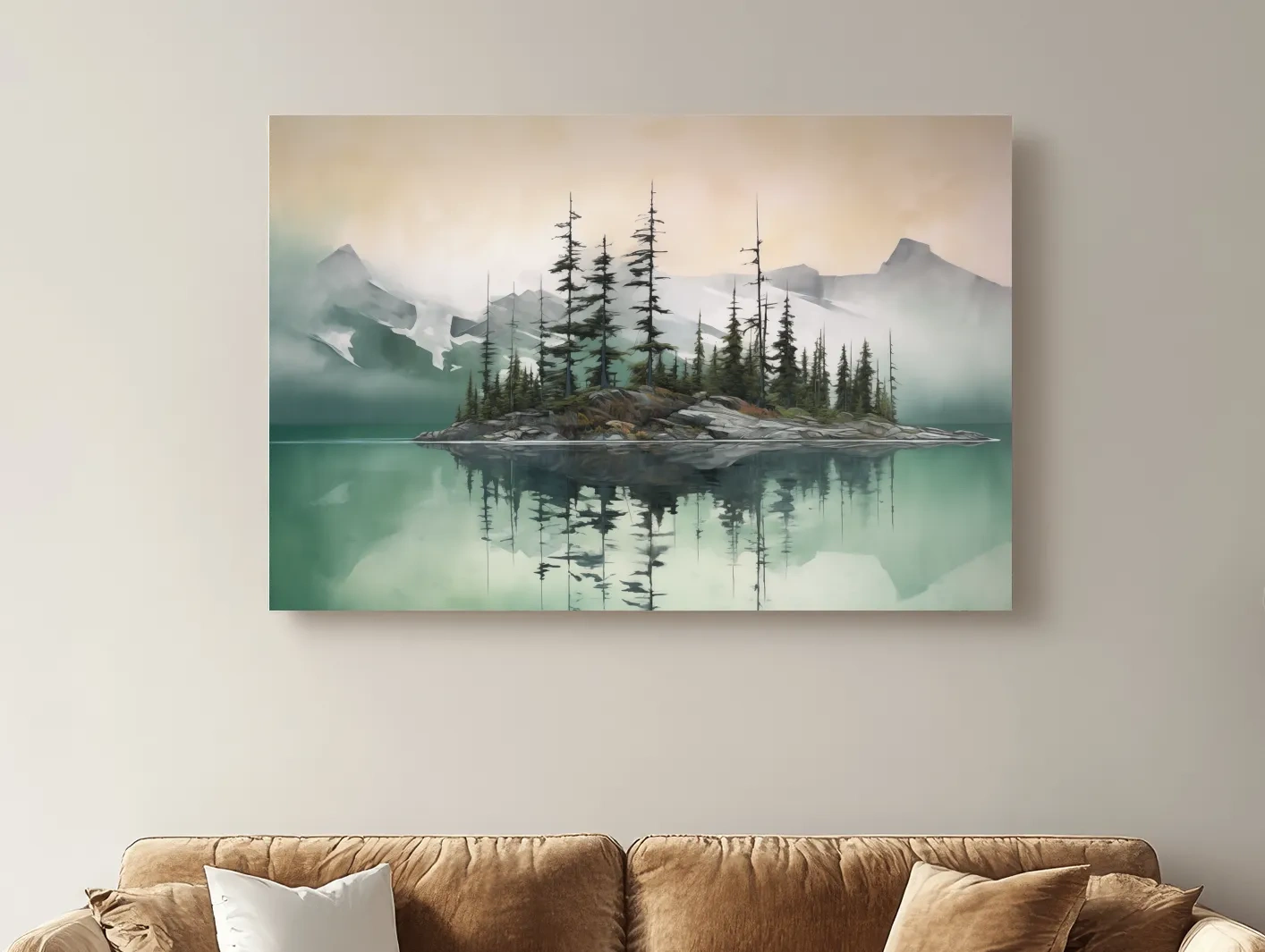 Misty Turquoise Alpine Lake Reflection - Serene Watercolor Mountain Landscape Wall Art
