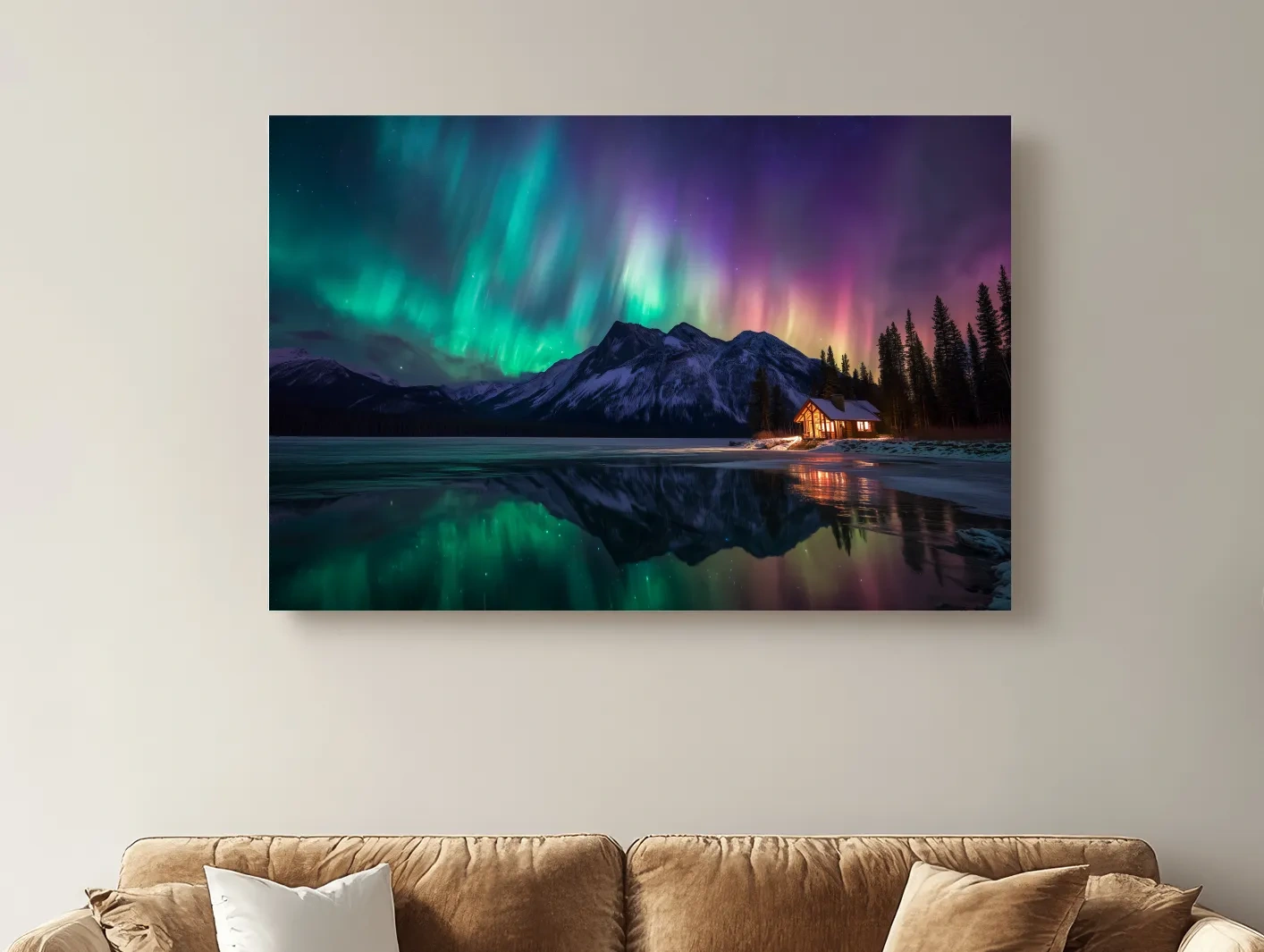 Vibrant Northern Lights Over Mountain Lake Cabin - Aurora Borealis Landscape Wall Art