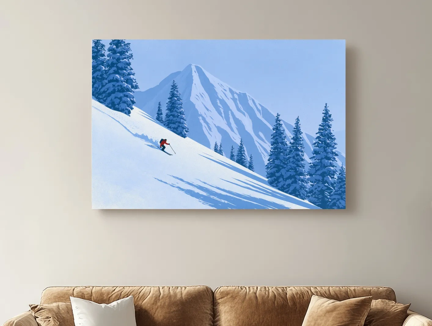 Minimalist Snowy Mountain Skier Landscape - Winter Alpine Illustration Wall Art