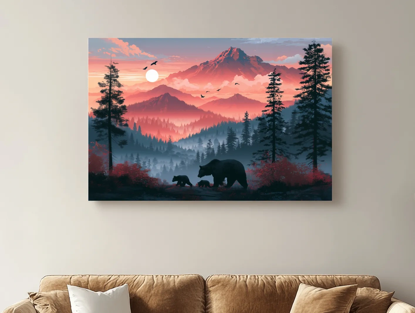 Sunset Mama Bear & Cubs Silhouette - Forest Wildlife Wall Art