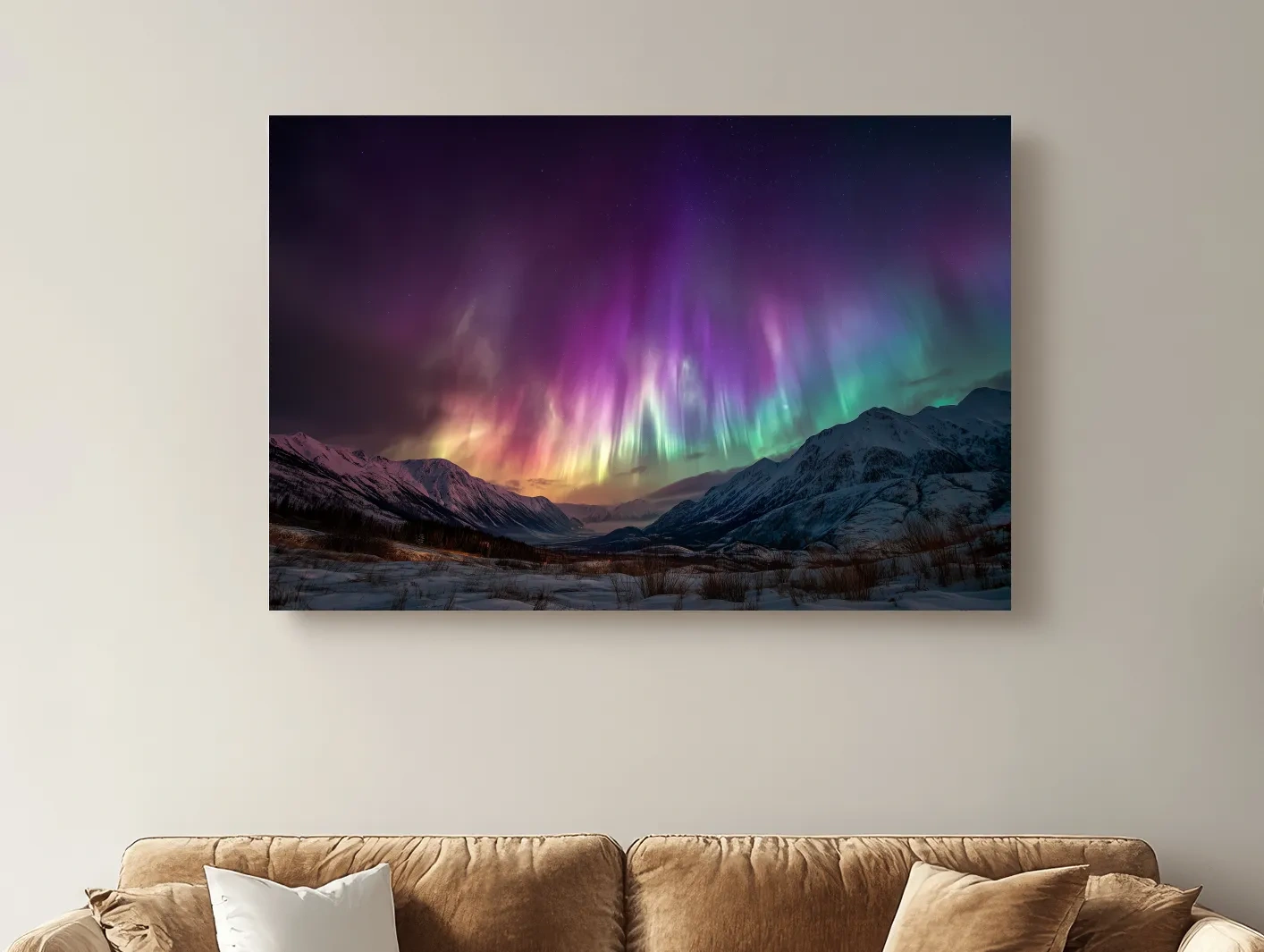 Vibrant Aurora Borealis Over Snowy Mountains - Northern Lights Night Sky Wall Art