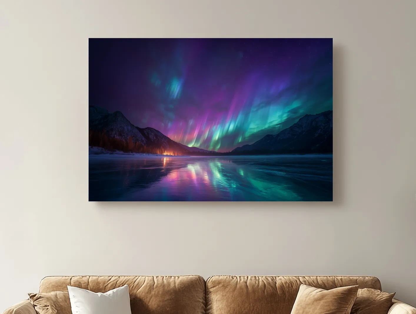 Vibrant Aurora Borealis Over Frozen Lake - Northern Lights Mountain Wall Art