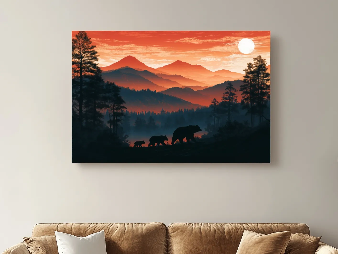 Mountain Sunset Bear Family Silhouettes - Wilderness Landscape Artwork