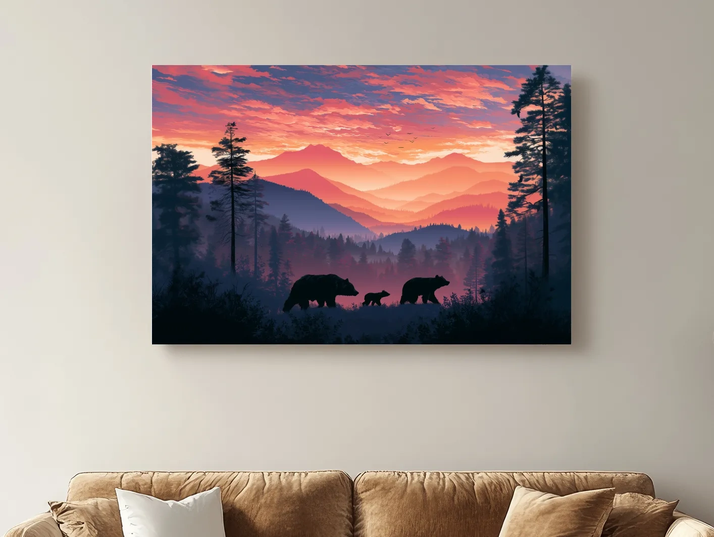 Moody Sunset Mountain Bear Family Silhouettes - Wildlife Wall Art