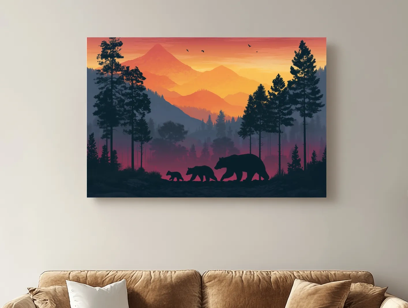Sunset Momma Bear & Cubs Silhouette - Forest Wildlife Wall Art