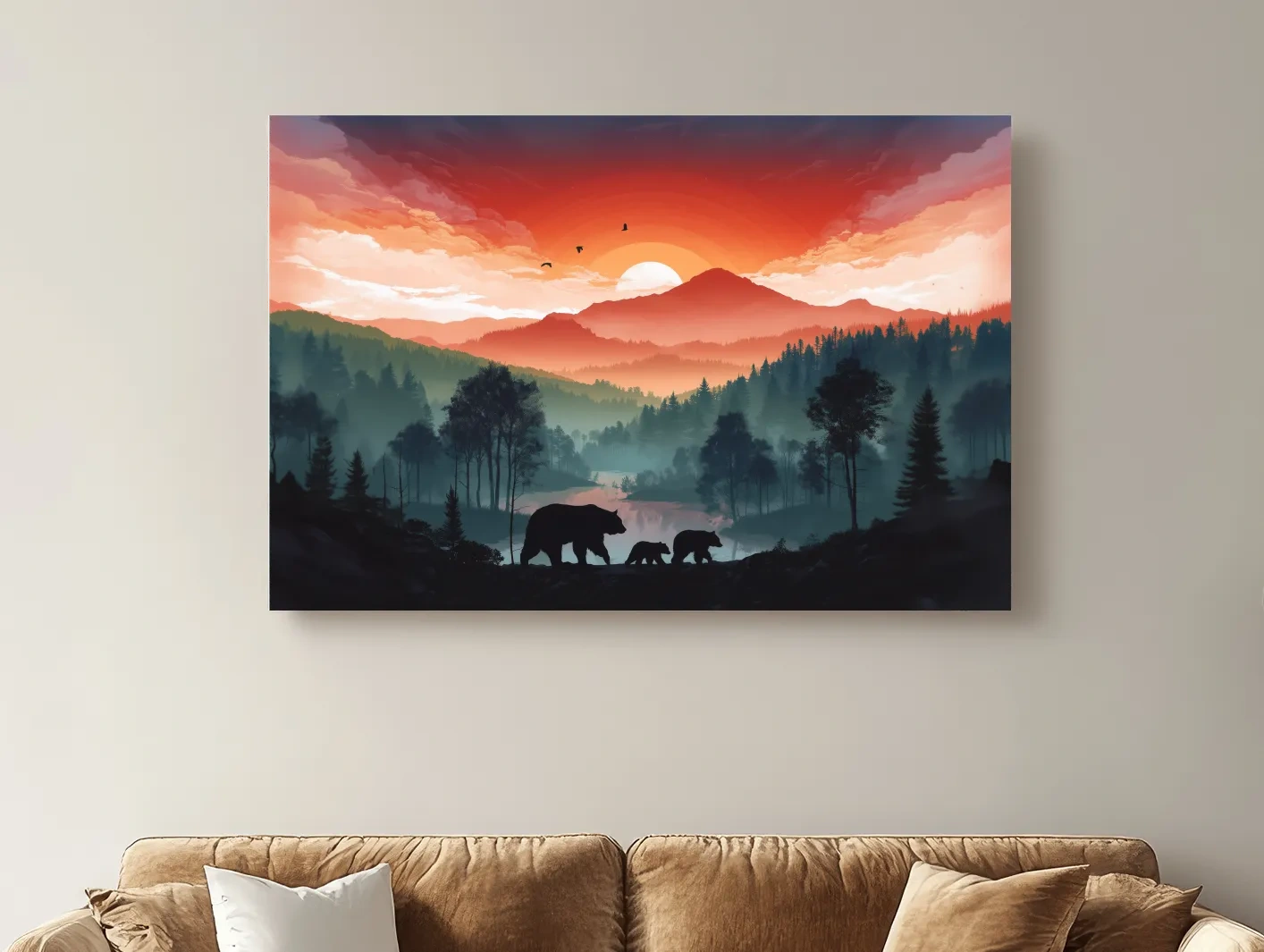 Sunset Bear Family Silhouette Landscape - Misty Mountain Forest Wall Art