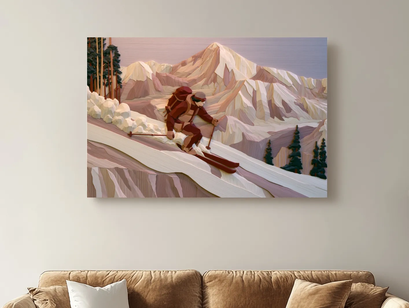 Geometric Backcountry Skier In Alpine Peaks - Winter Mountain Adventure Wall Art