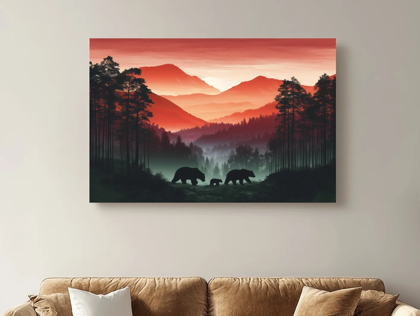 Moody Sunset Mountain Bear Family Silhouettes - Misty Forest Wildlife Wall Art