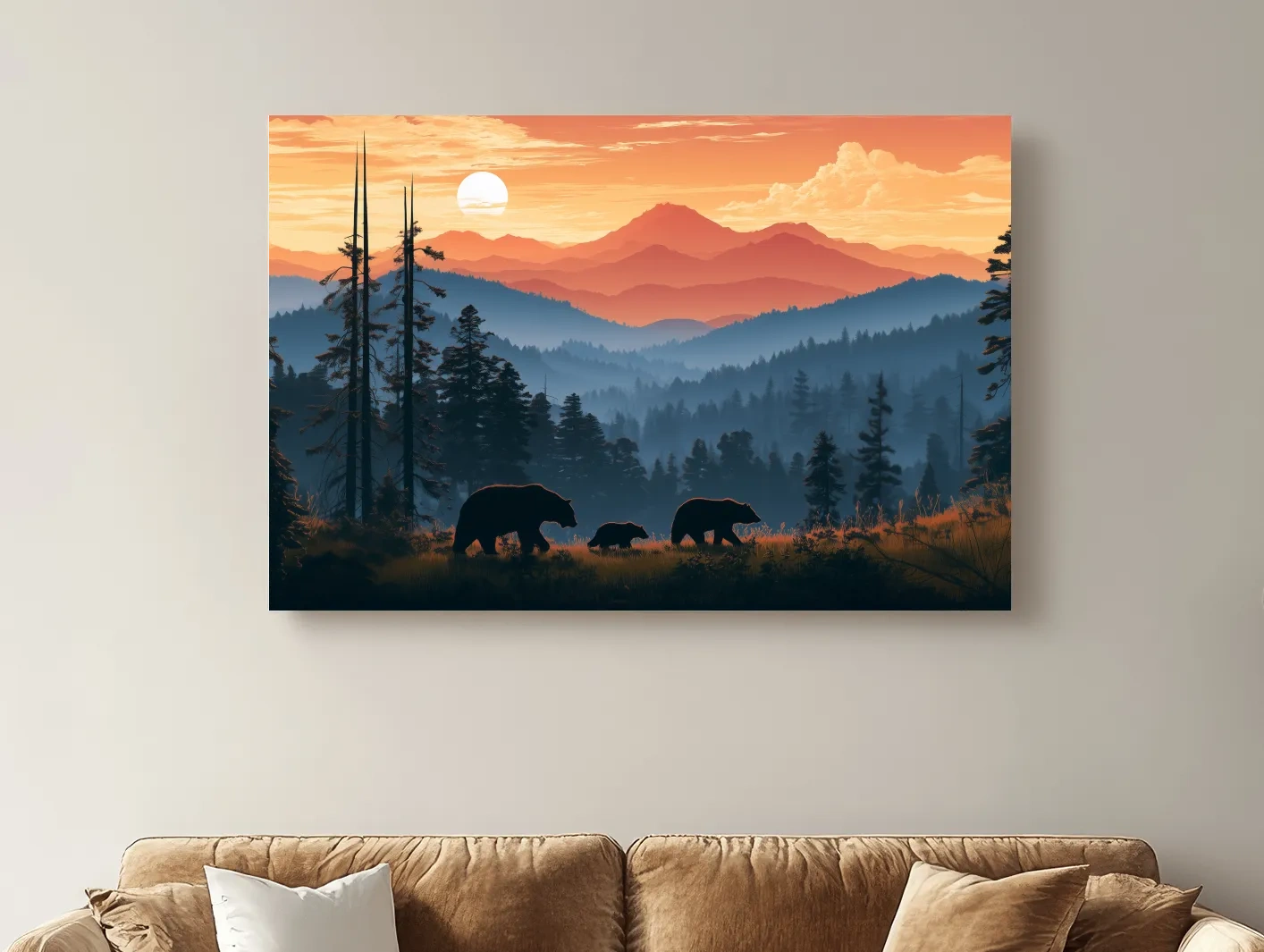 Bear Family Silhouettes - Mountain Sunset Wildlife Wall Art
