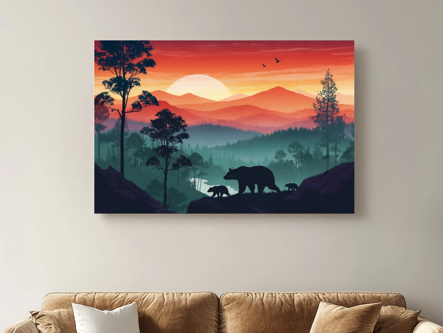 Sunset Mama Bear & Cubs Silhouette - Misty Forest Landscape Artwork
