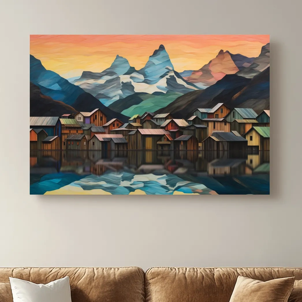 Alpine Mountain Village Reflections - Colorful Paper Cut Style Wall Art