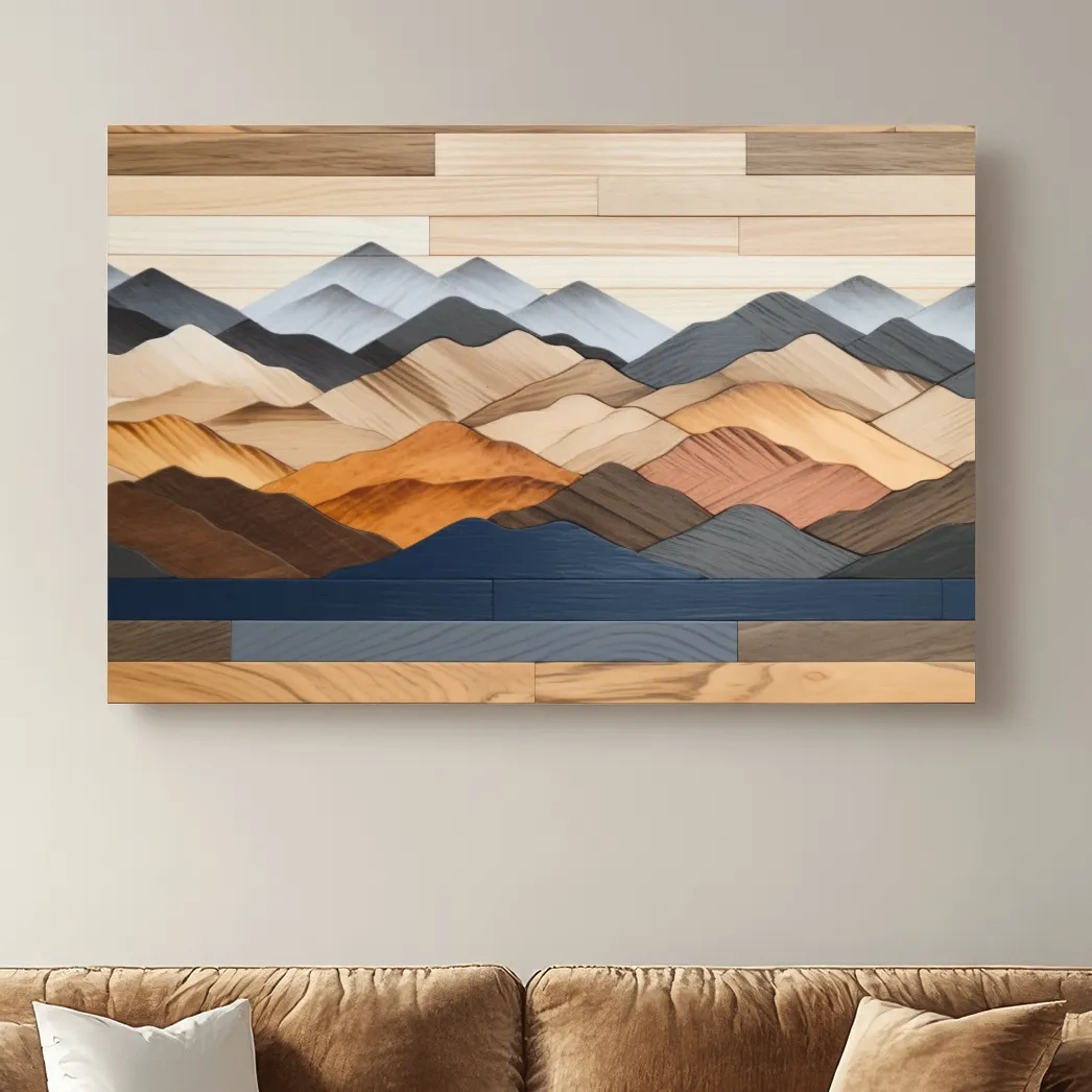 Rustic mountain wall art, layered wood piece effect