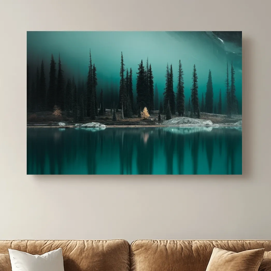 Misty Pine Forest Turquoise Alpine Lake - Serene Mountain Landscape Wall Art