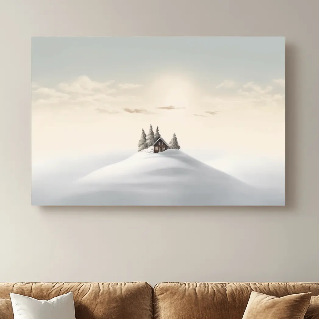 Minimal painting, cabin in the snow