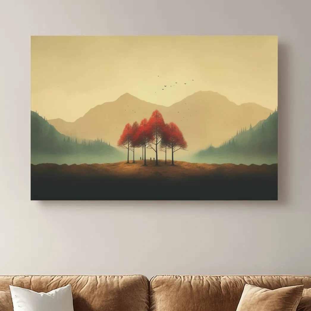 Landscape mountain artwork, minimal painting of autumn trees in the fog