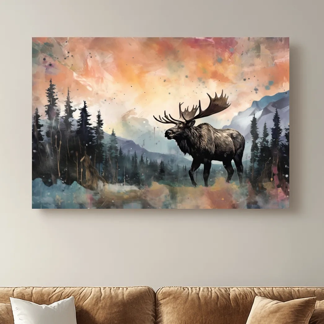 Watercolor Moose In Misty Mountain Forest - Rustic Wildlife Wall Art