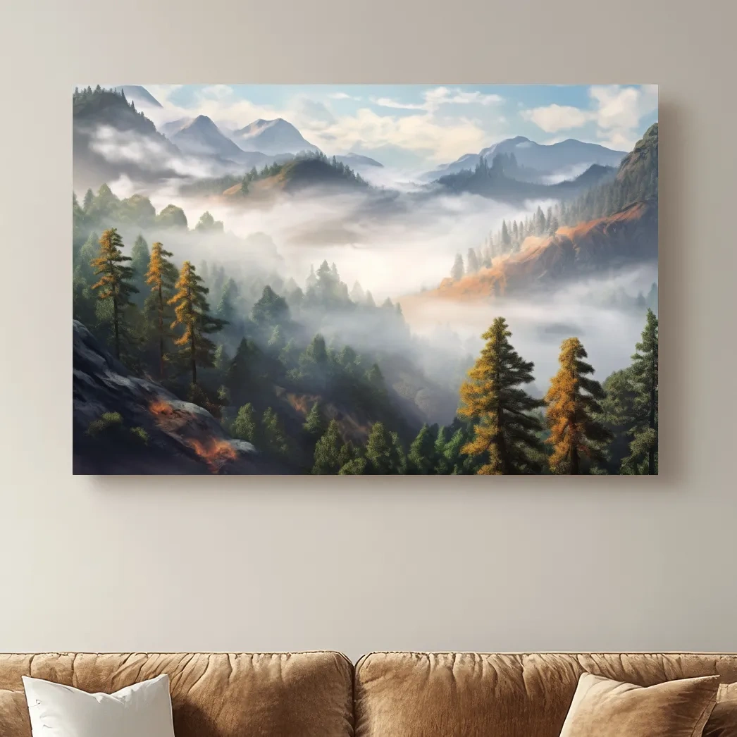 Misty Mountain Valley Forest Landscape - Serene Foggy Nature Painting Wall Art