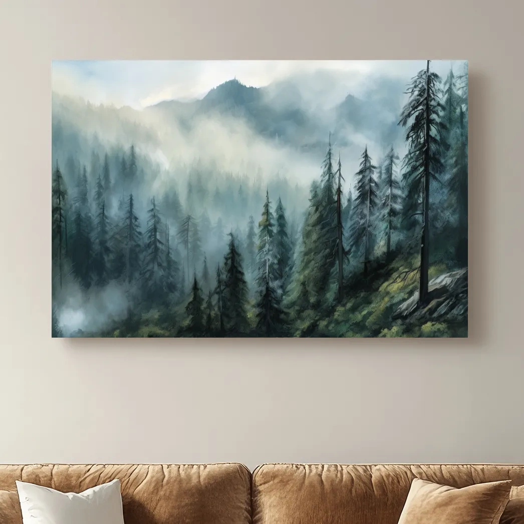 Painting of a foggy forest and mountains
