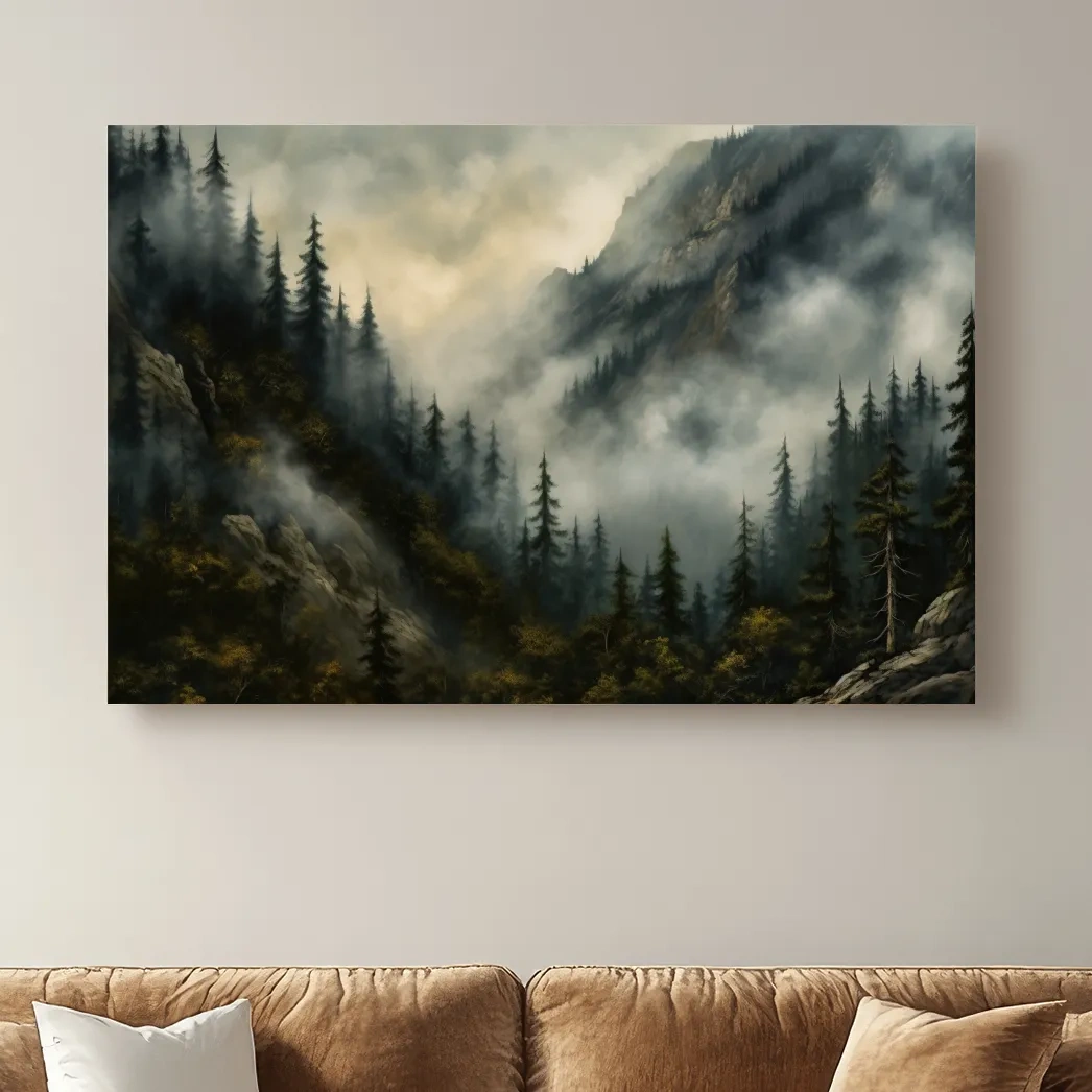 Painting of fog rolling through the trees and mountains, foggy forest artwork