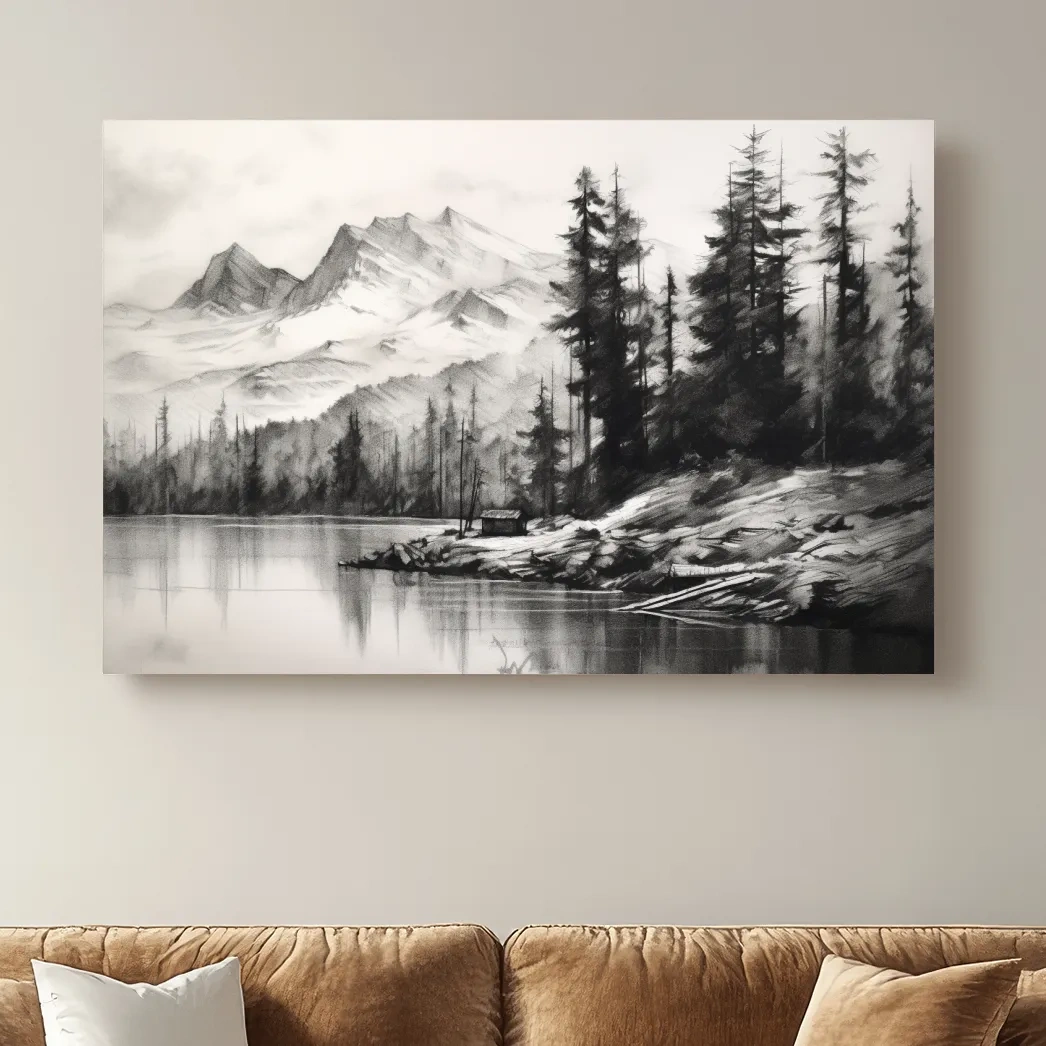 Monochrome Mountain Lake Charcoal Sketch - Pine Forest Landscape Wall Art