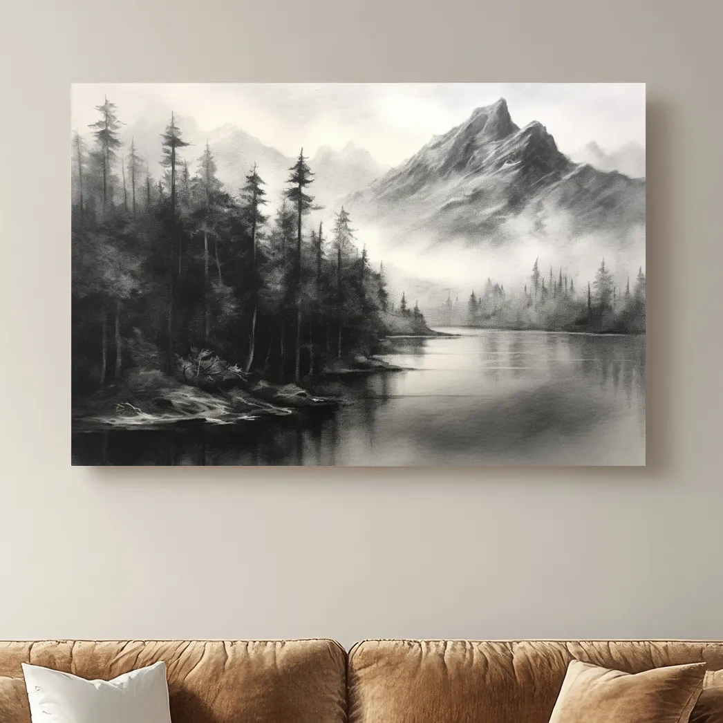 Charcoal drawing of mountains and a lake