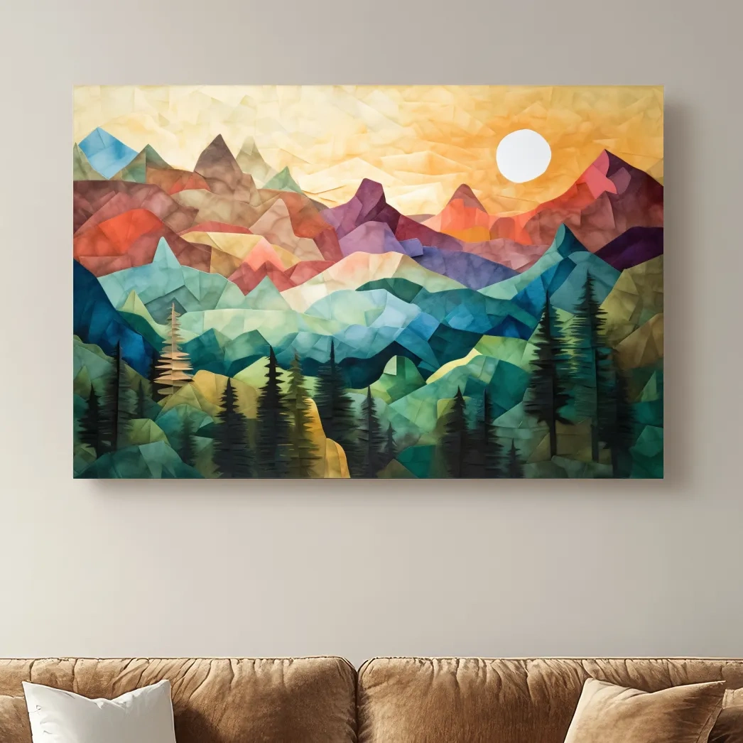 Abstract Sunset Mountain Canvas - Vibrant Patchwork Mosaic Art