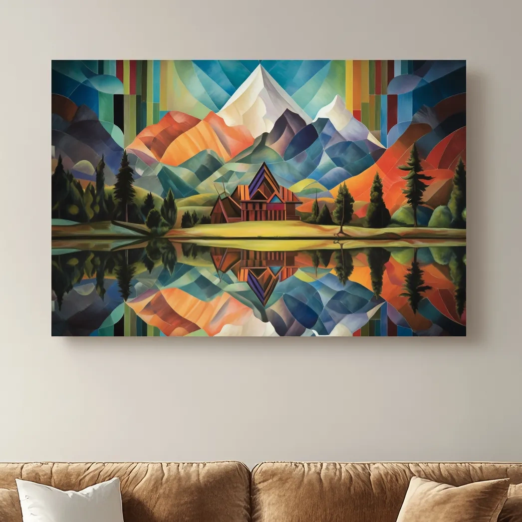 Abstract oil painting of a cabin by a lake, mountain scenery