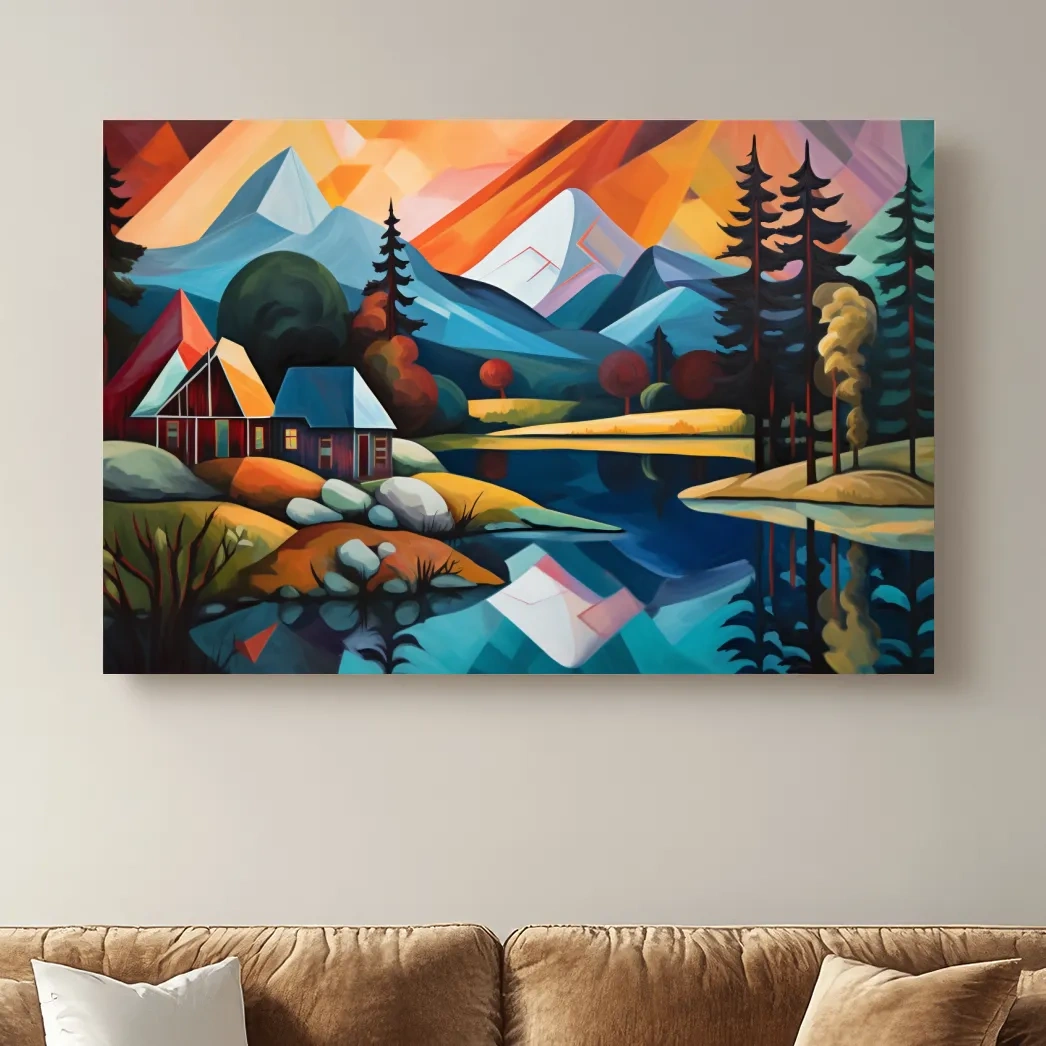 Abstract oil painting of a cabin by a lake, mountain scenery