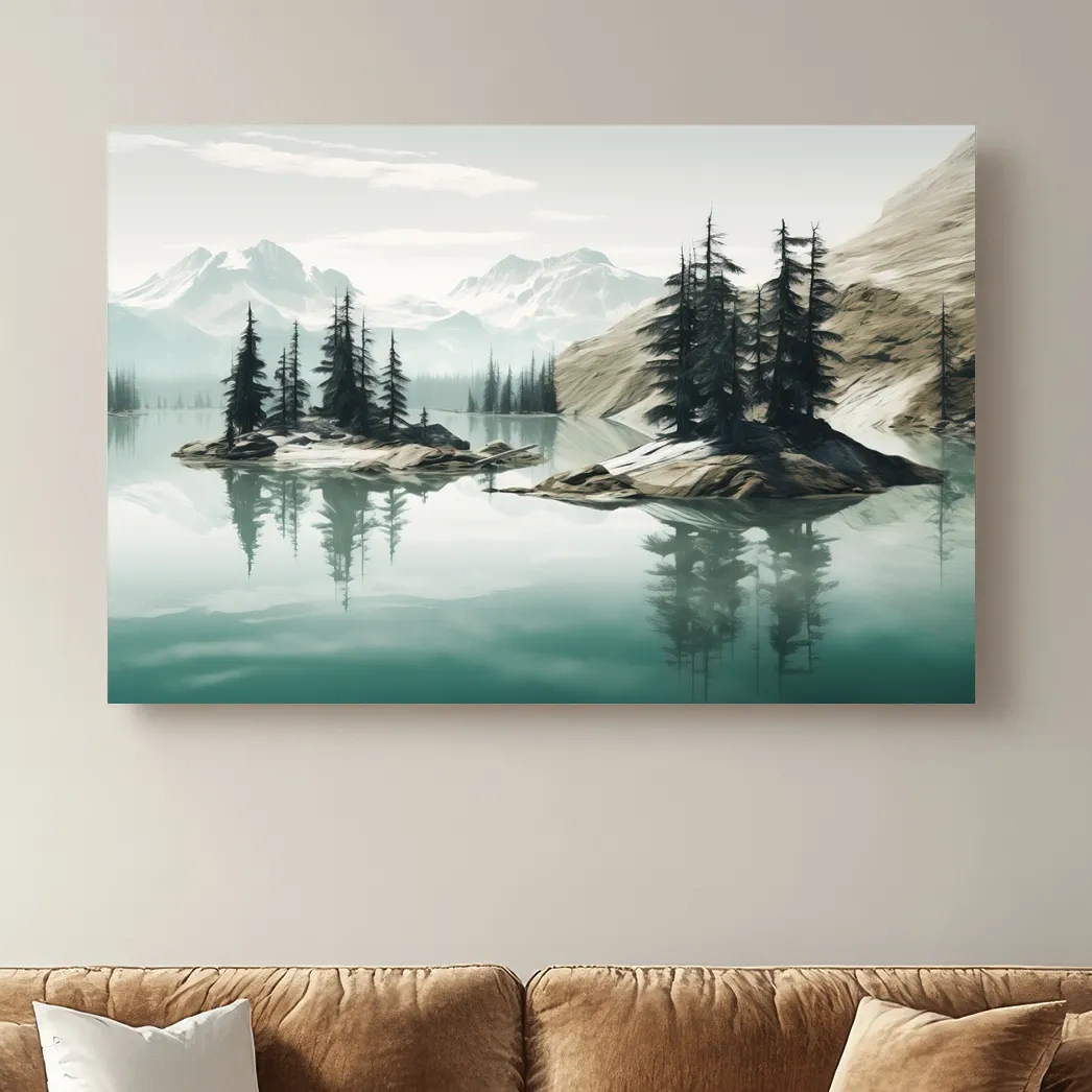 Painting of trees on an alpine lake