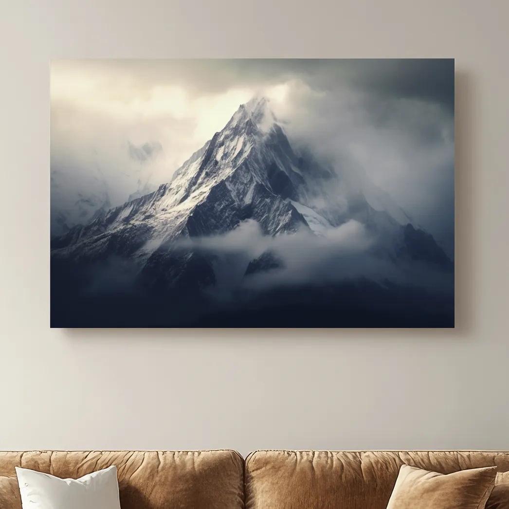 Cloudy Snowcapped Peak Landscape - Dramatic Mountain Photography Wall Art