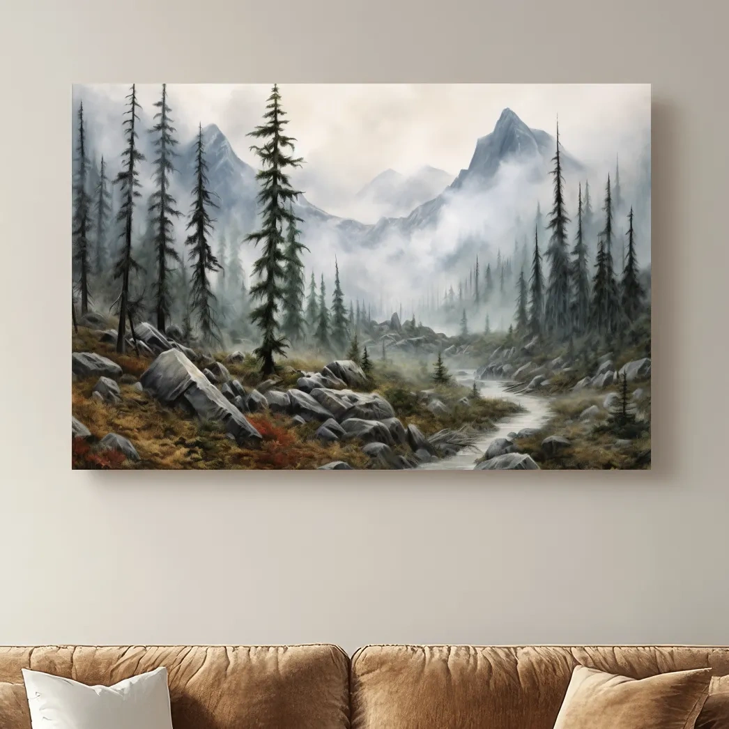 Painting of fog rolling through mountain scenery