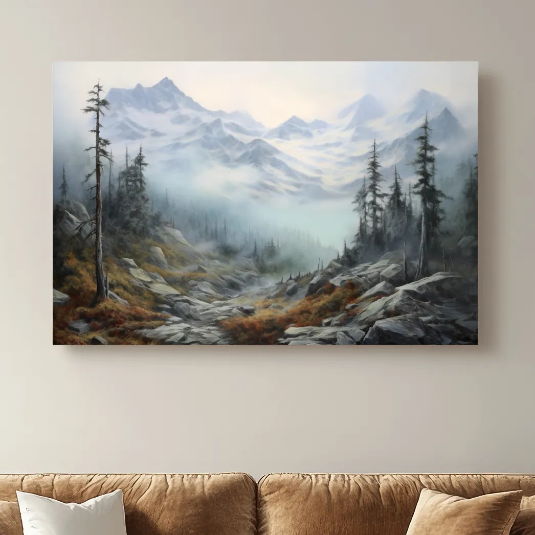 Misty Alpine Valley Painting - Moody Foggy Mountain Landscape Wall Art