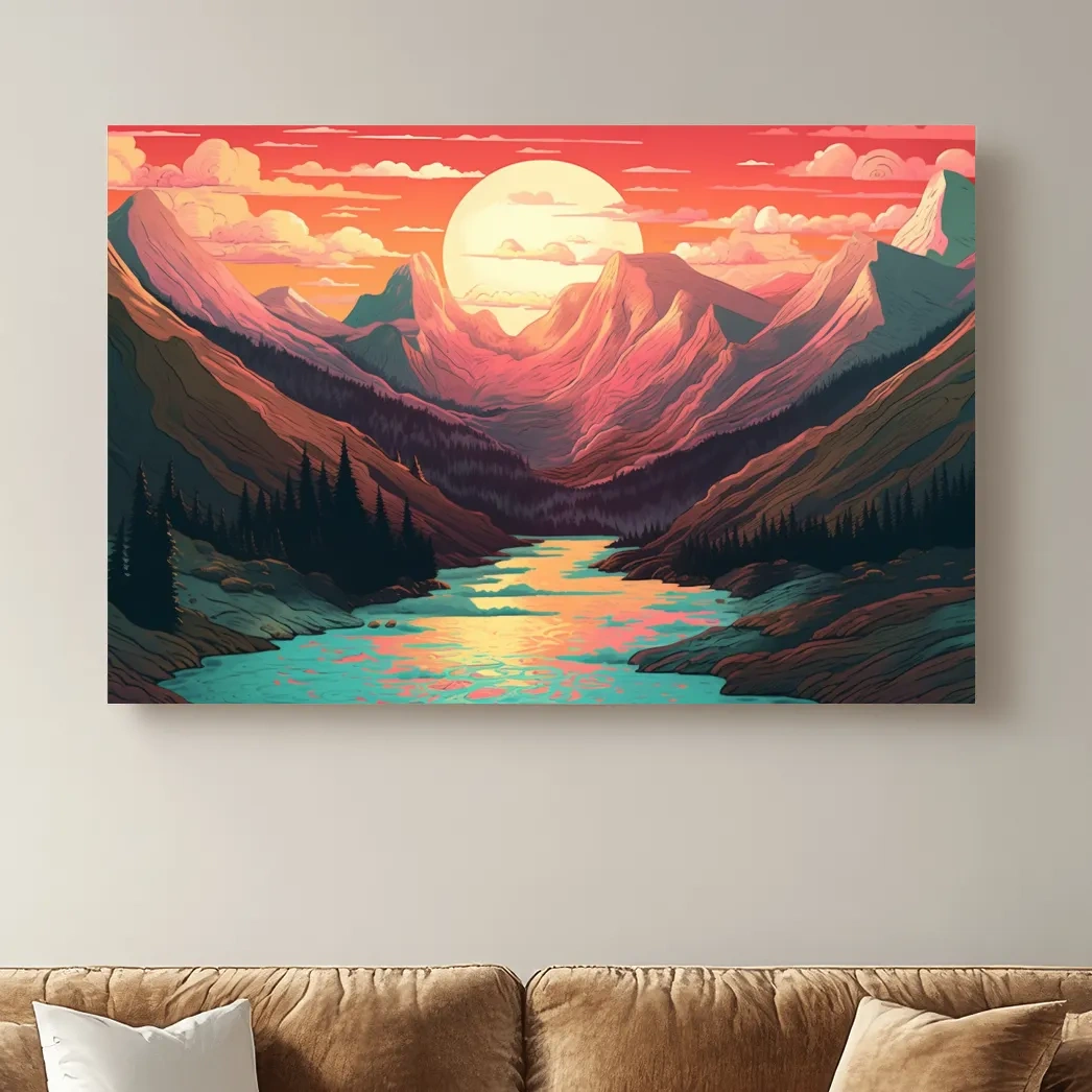 Illustration of a mountain landscape at sunset