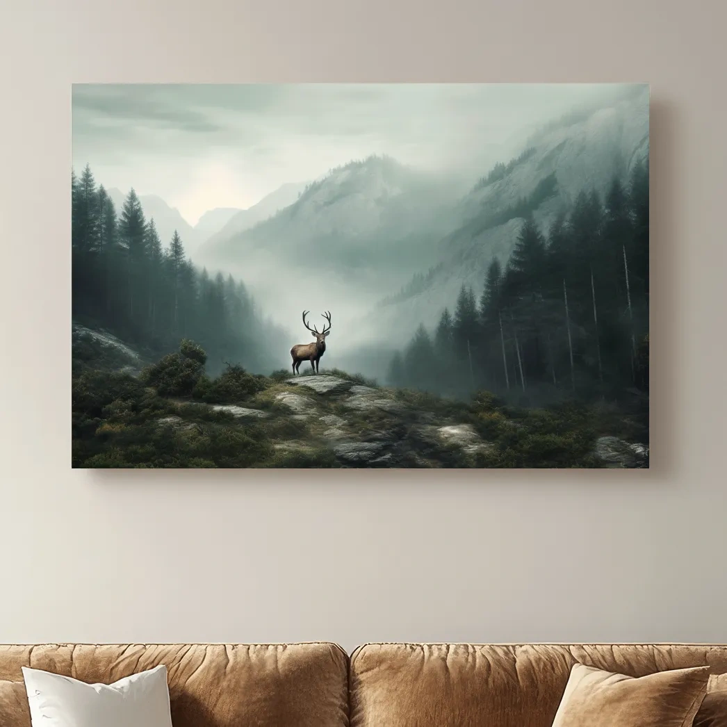Painting style artwork of a majestic deer standing in the fog