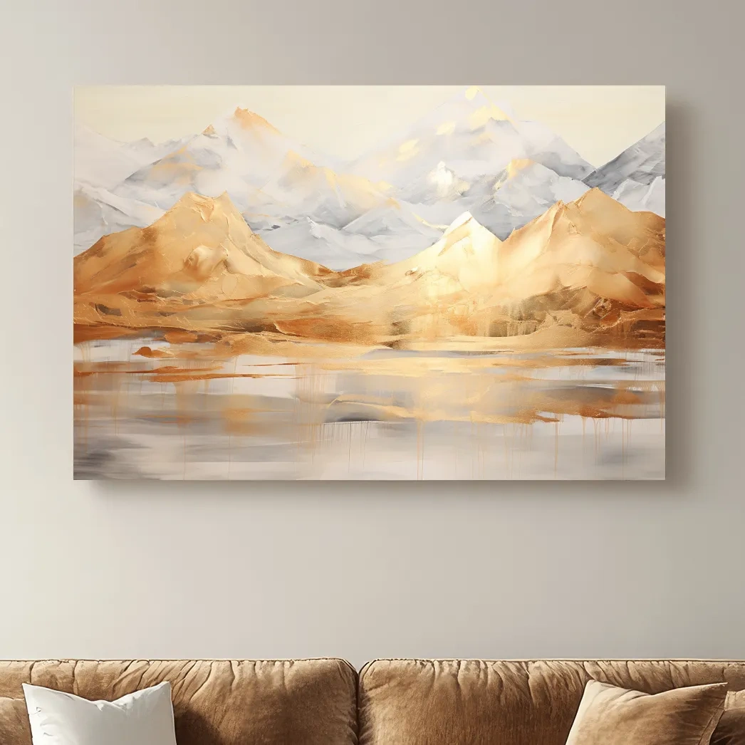 Luxe Golden Abstract Mountain Lake Painting - Elegant Landscape Wall Art