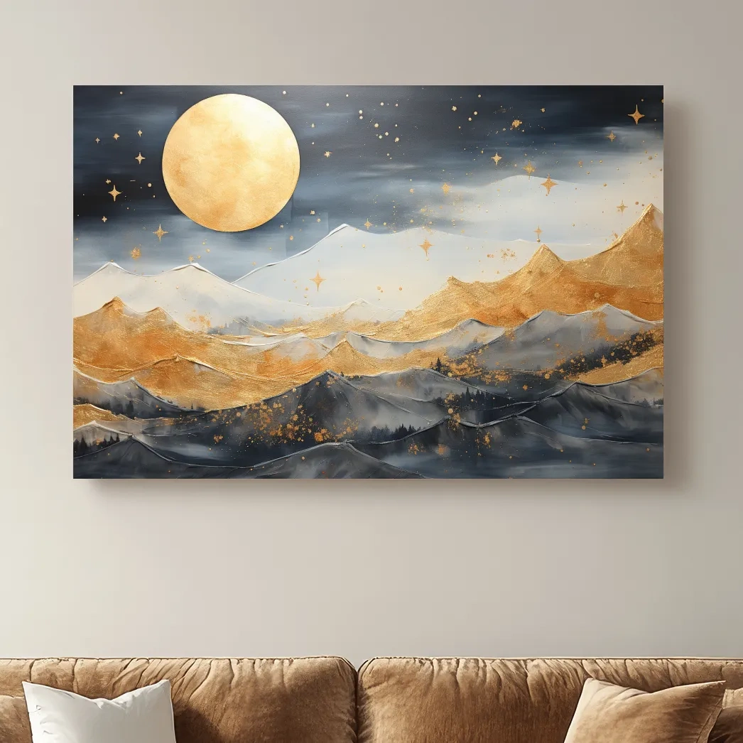 Elegant gold painting of mountains under the stars