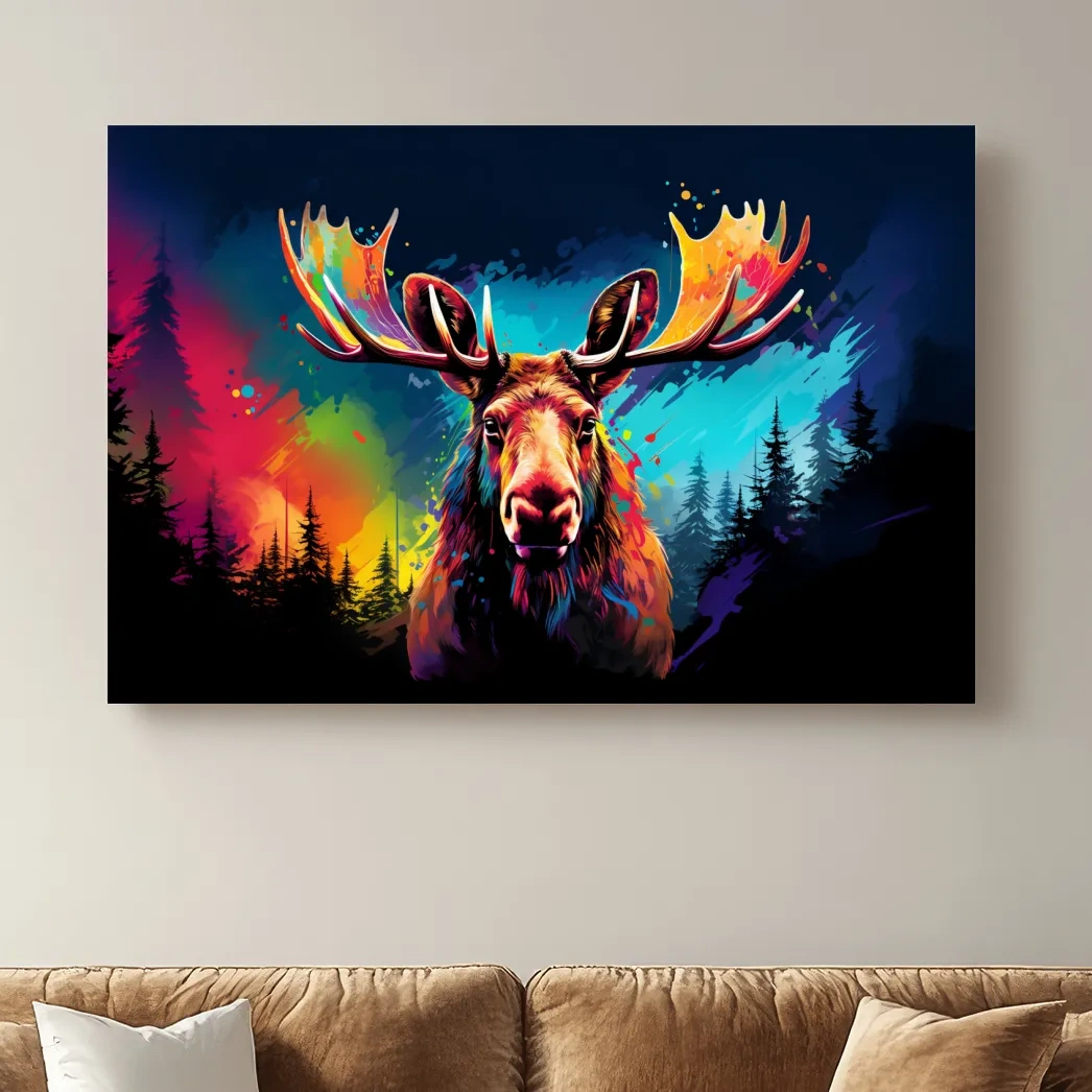 Vibrant Abstract Retro Moose Portrait - Colorful Splash Paint Wildlife Wall Art