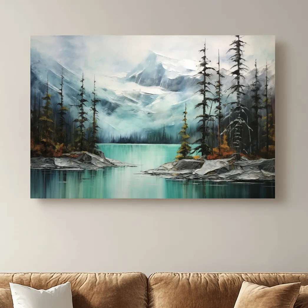 Painting of a turquoise lake in the alpine