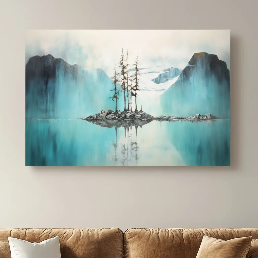 Trees on a turquoise lake, mountain painting