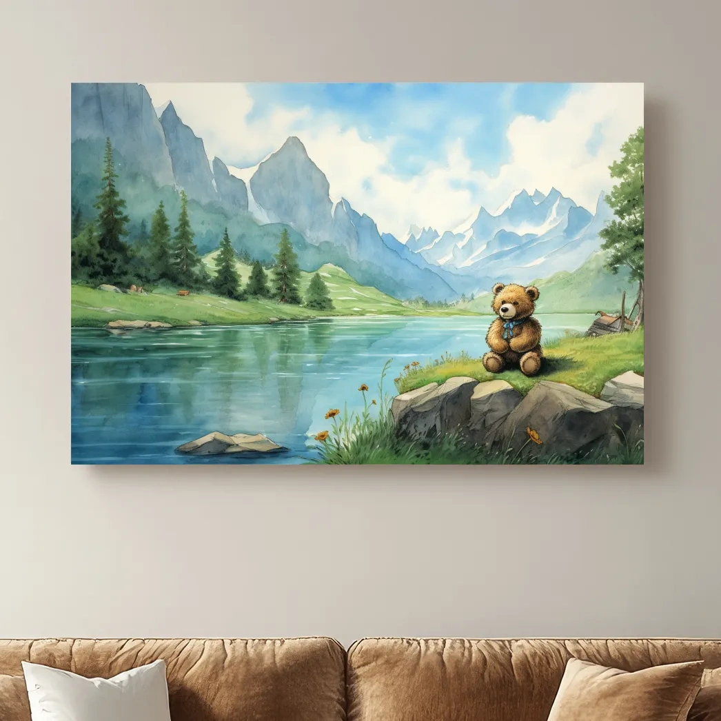 Whimsical Teddy Bear By Mountain Lake - Cute Watercolor Nursery Wall Art