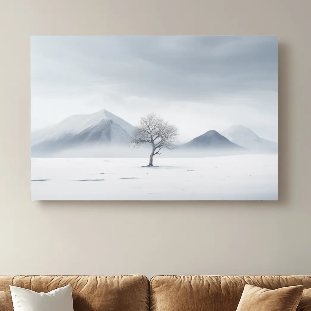 Minimal art, painting of a tree in the snow