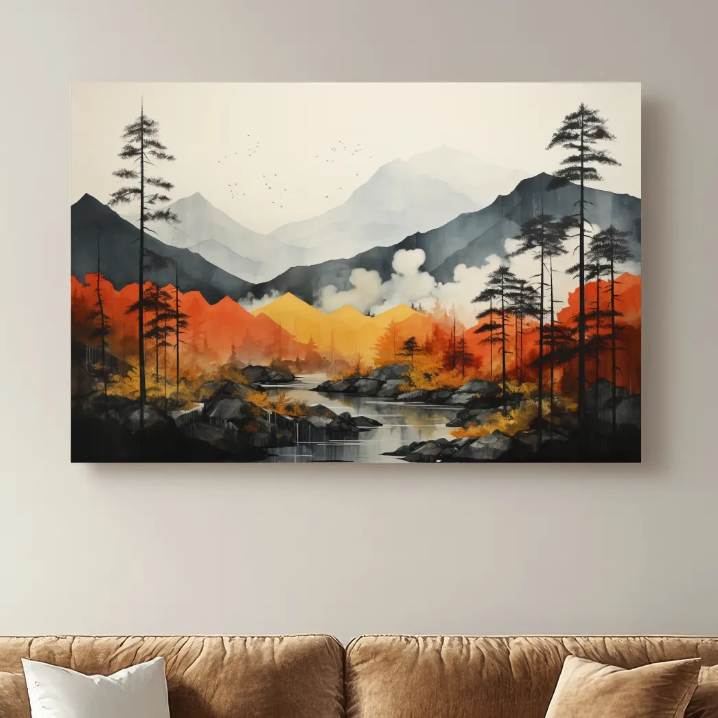 Surreal watercolour painting, colorful mountain scenery